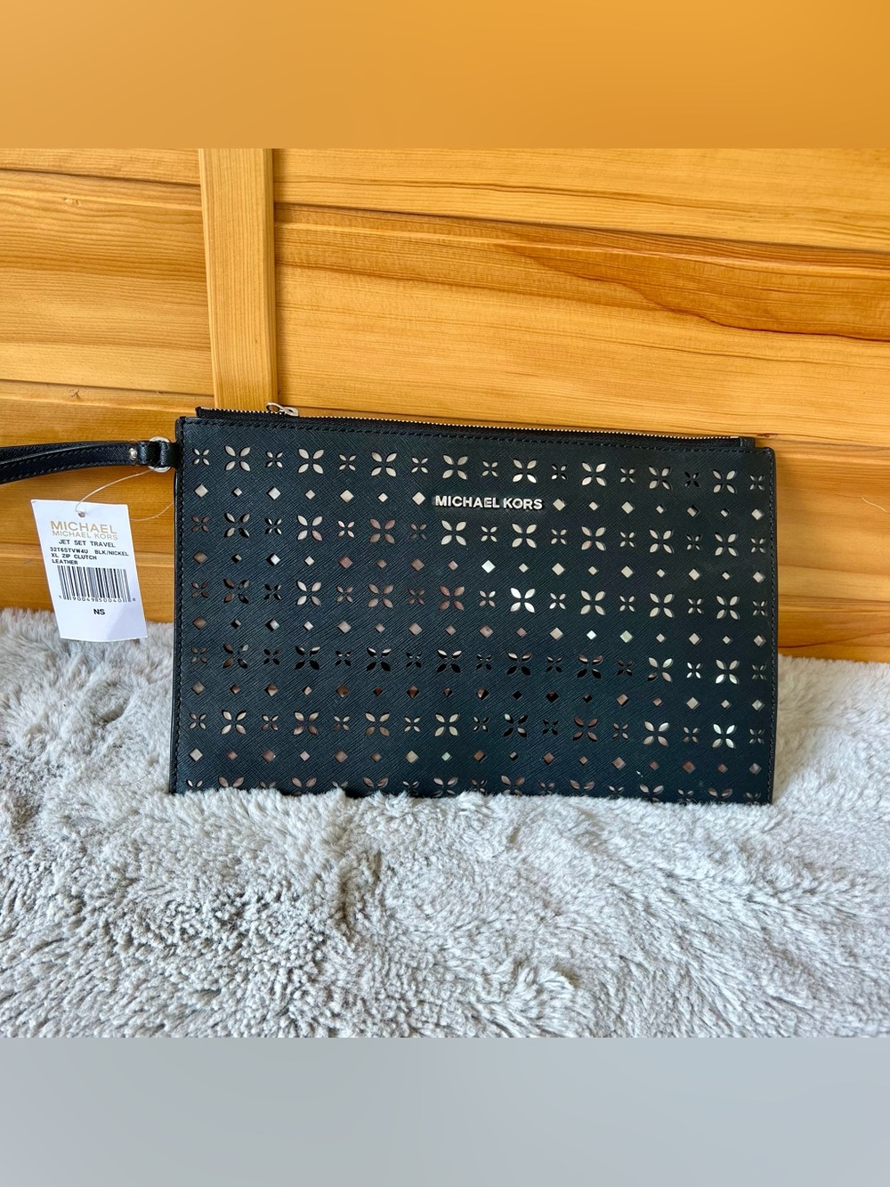 Michael Kors Black Perforated Leather Wristlet Clutch with logo